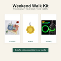 Weekend Walk Kit dog outing bundle with paw washer, travel bowls, and rechargeable LED visibility collar.